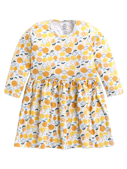 Lemon Print Pure Cotton Girls Full Sleeve Frock