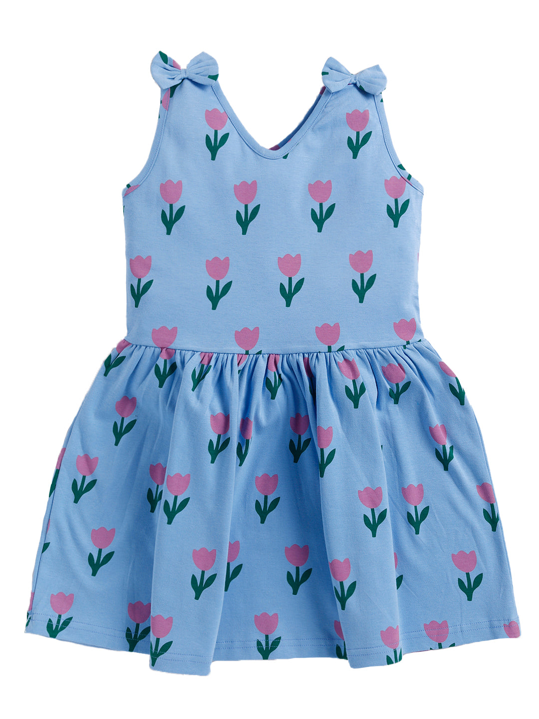 Tulip Print  Sleeve Less Frock with Bow