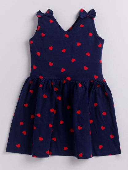 Red Heart Print  Sleeve less Frock with Bow