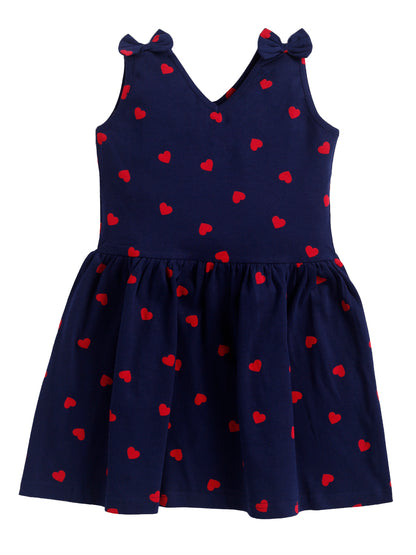 Red Heart Print  Sleeve less Frock with Bow