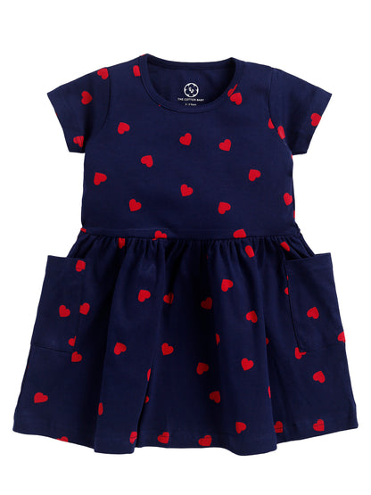 Red Heart Print Half Sleeve Frock With Pockets