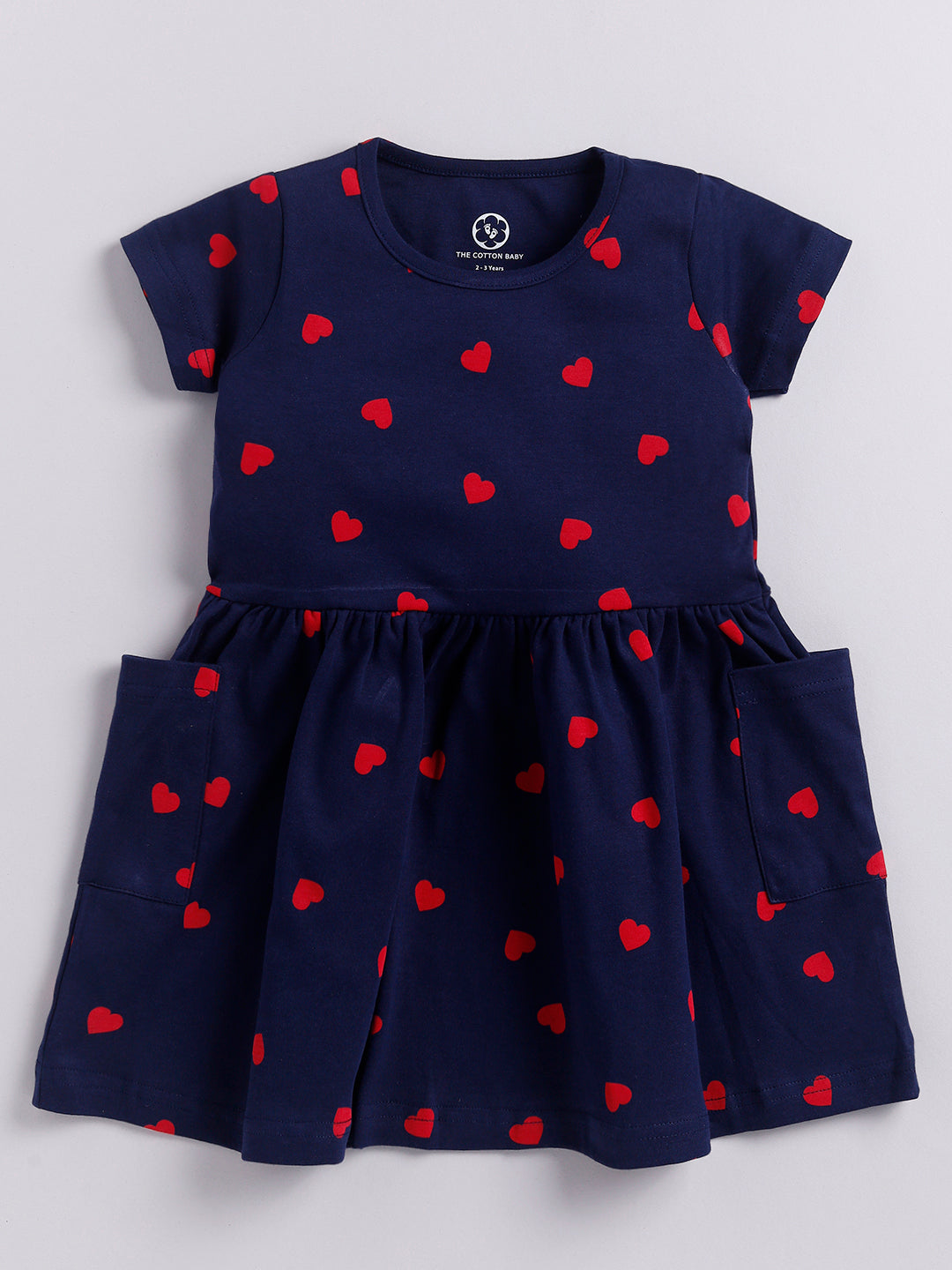 Red Heart Print Half Sleeve Frock With Pockets