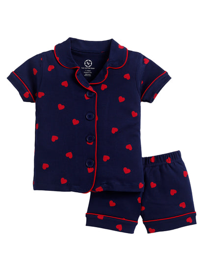 Red Heart Print Half Sleeve Night Suite and Shorts