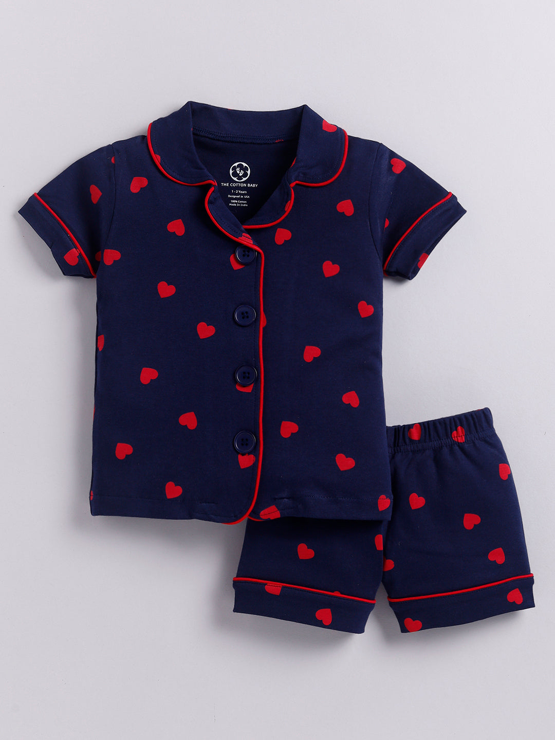 Red Heart Print Half Sleeve Night Suite and Shorts